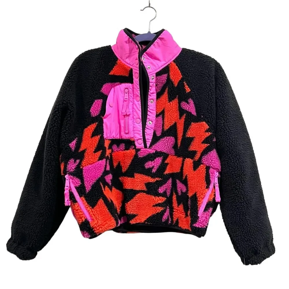 NWT NEW Free People Rocky Ridge Fleece Jacket Pullover Bolts of Love Heart Print